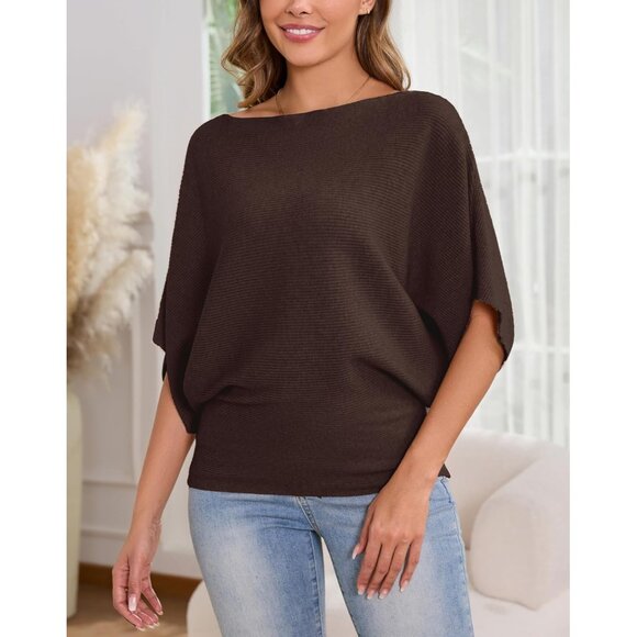 Women's Batwing Sleeve Knit Sweater Boat Neck Casual Pullover - Picture 3 of 6